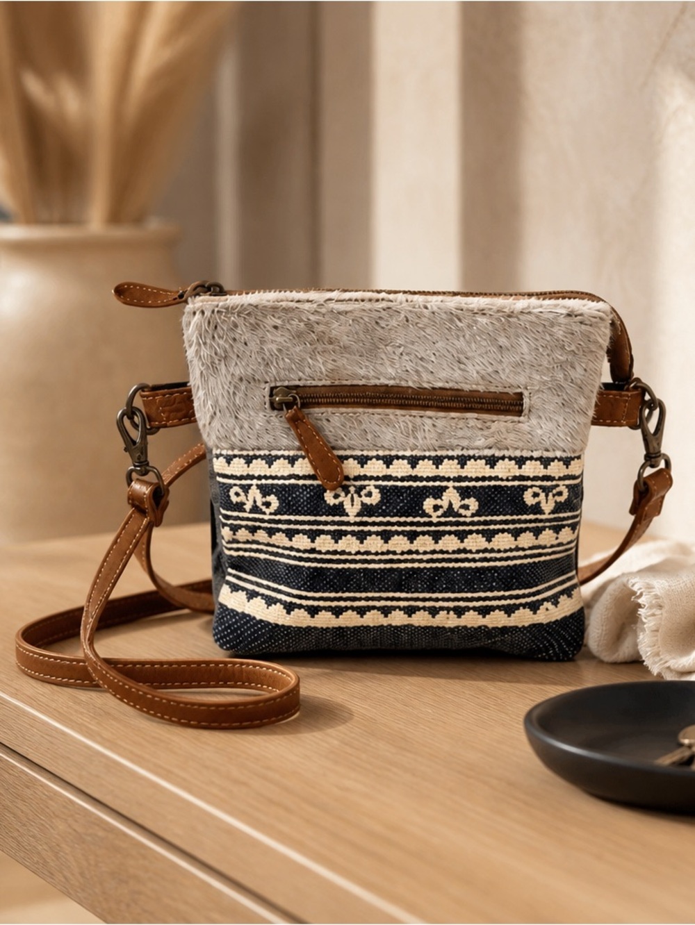 Myra Bag Hair-On Hide & Woven‎ Crossbody Wristlet